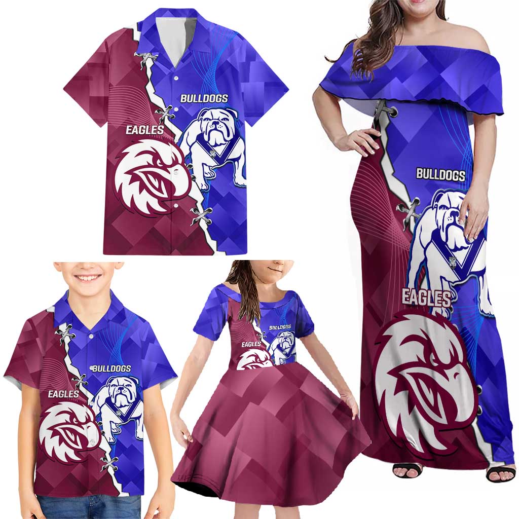 Personalised Bulldogs And Eagles Rugby Family Matching Off Shoulder Maxi Dress and Hawaiian Shirt Dynamic Style