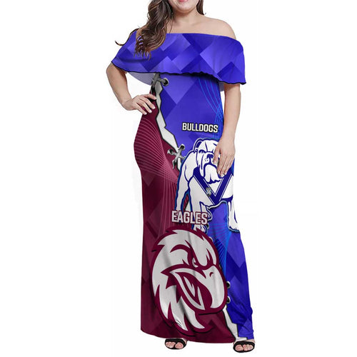 Personalised Bulldogs And Eagles Rugby Family Matching Off Shoulder Maxi Dress and Hawaiian Shirt Dynamic Style