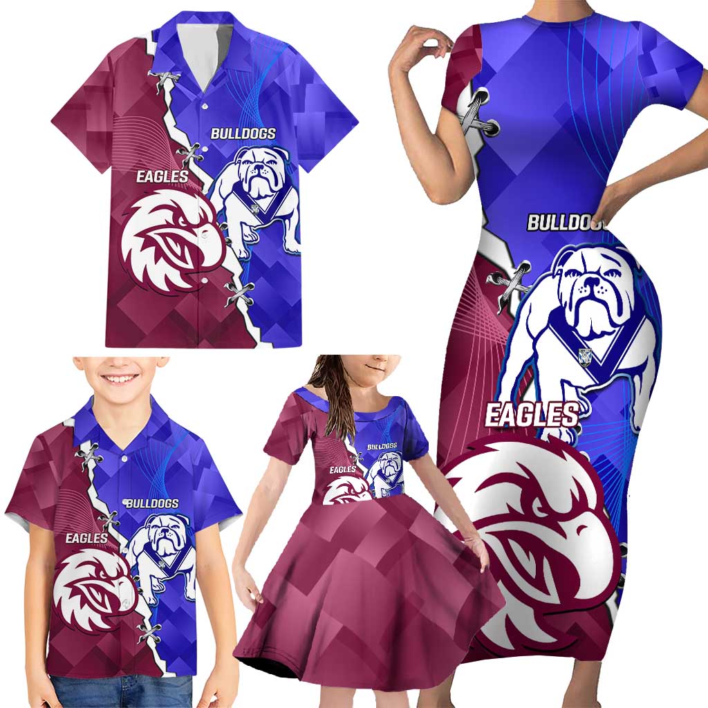 Personalised Bulldogs And Eagles Rugby Family Matching Short Sleeve Bodycon Dress and Hawaiian Shirt Dynamic Style