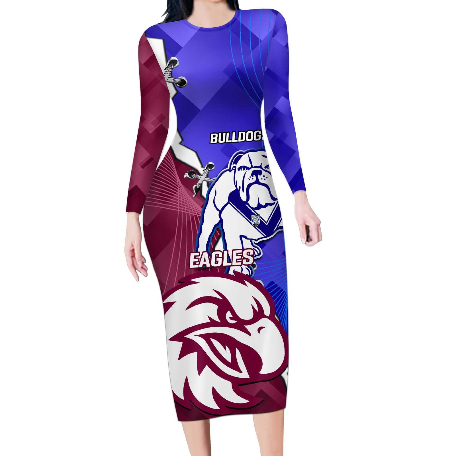 Personalised Bulldogs And Eagles Rugby Long Sleeve Bodycon Dress Dynamic Style