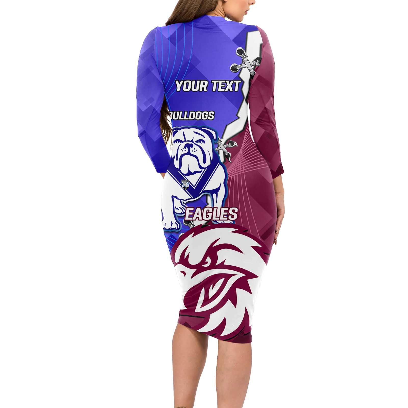 Personalised Bulldogs And Eagles Rugby Long Sleeve Bodycon Dress Dynamic Style
