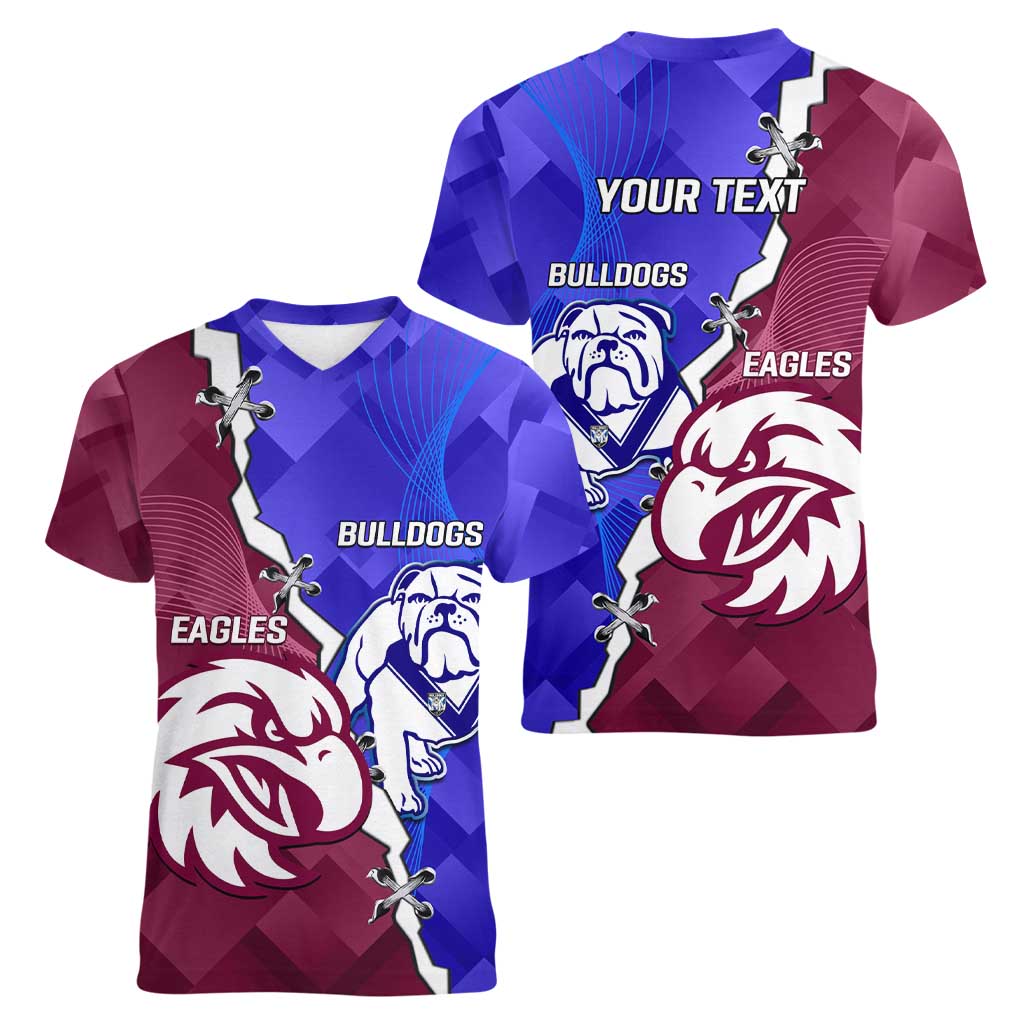 Personalised Bulldogs And Eagles Rugby Women V-Neck T-Shirt Dynamic Style
