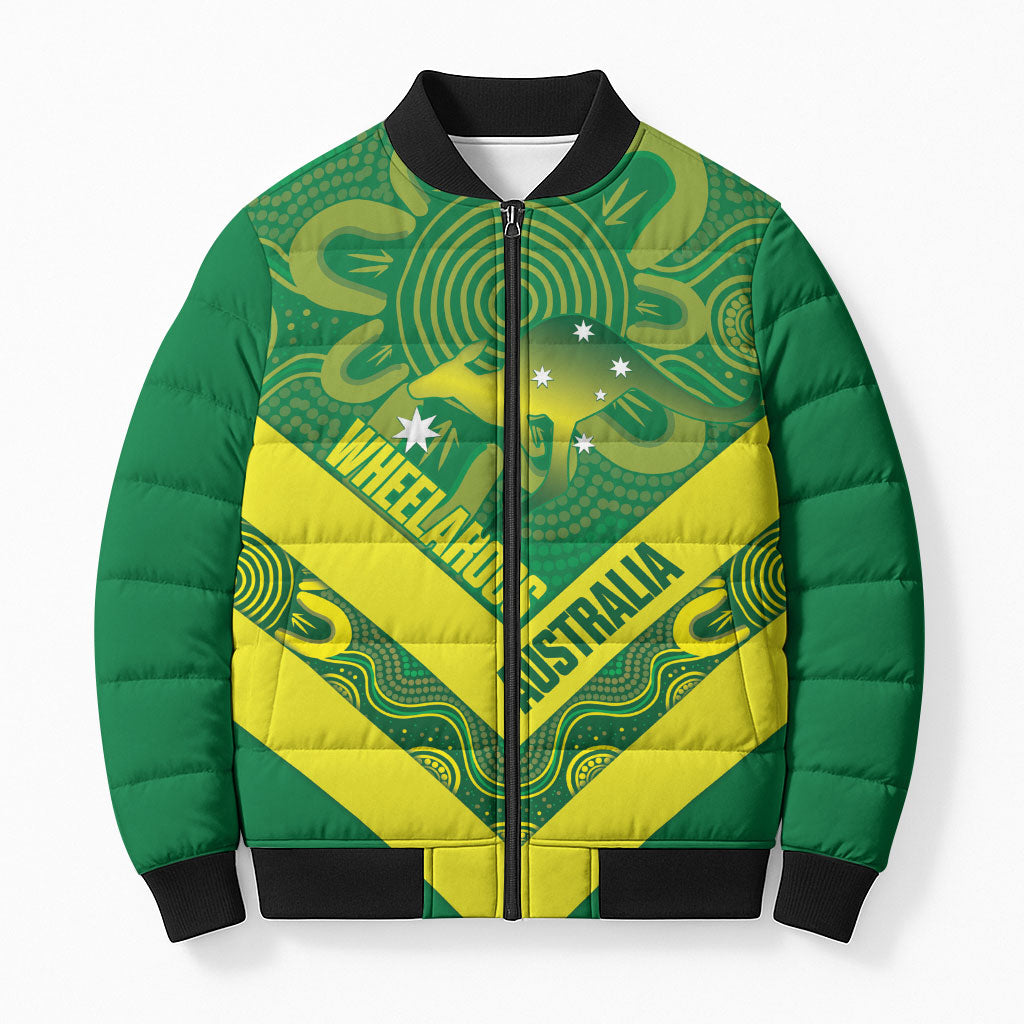 Australia Wheelaroos Rugby Custom Bomber Puffer Jacket Go Aussie Kangaroo Indigenous Art