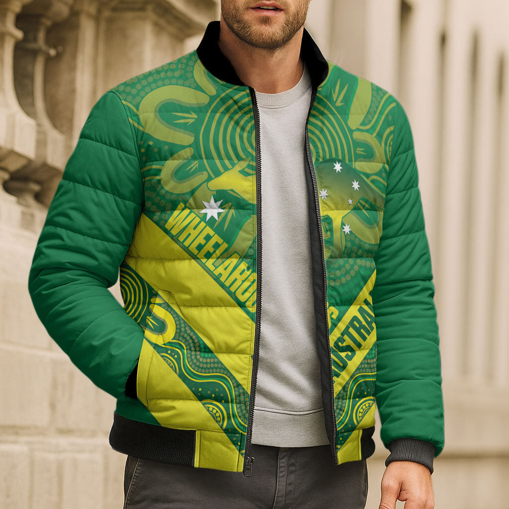 Australia Wheelaroos Rugby Custom Bomber Puffer Jacket Go Aussie Kangaroo Indigenous Art