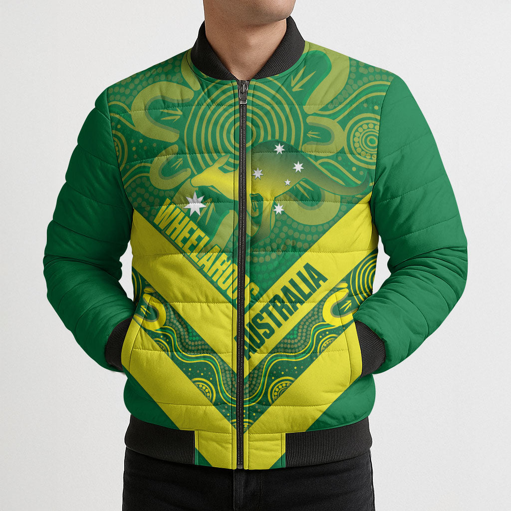 Australia Wheelaroos Rugby Custom Bomber Puffer Jacket Go Aussie Kangaroo Indigenous Art