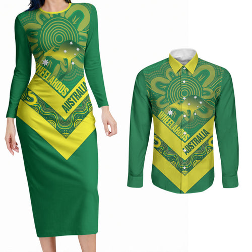 Australia Wheelaroos Rugby Custom Couples Matching Long Sleeve Bodycon Dress and Long Sleeve Button Shirt Go Aussie Kangaroo Indigenous Art