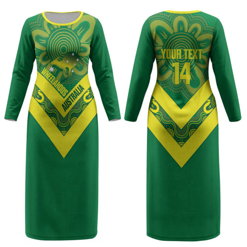 Australia Wheelaroos Rugby Custom Couples Matching Long Sleeve Bodycon Dress and Long Sleeve Button Shirt Go Aussie Kangaroo Indigenous Art