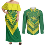 Australia Wheelaroos Rugby Custom Couples Matching Off Shoulder Maxi Dress and Long Sleeve Button Shirt Go Aussie Kangaroo Indigenous Art