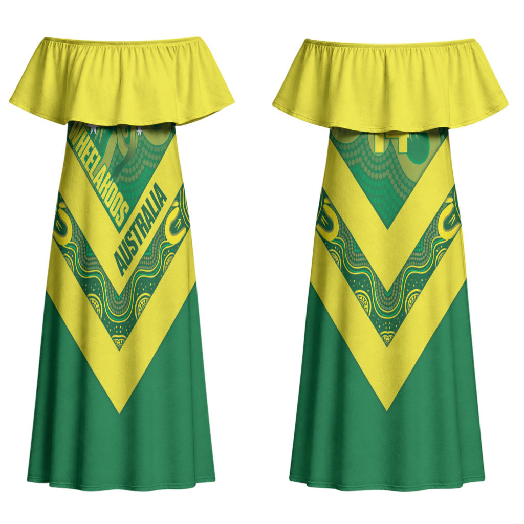 Australia Wheelaroos Rugby Custom Couples Matching Off Shoulder Maxi Dress and Long Sleeve Button Shirt Go Aussie Kangaroo Indigenous Art