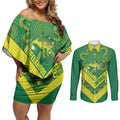 Australia Wheelaroos Rugby Custom Couples Matching Off Shoulder Short Dress and Long Sleeve Button Shirt Go Aussie Kangaroo Indigenous Art