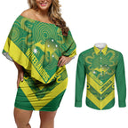 Australia Wheelaroos Rugby Custom Couples Matching Off Shoulder Short Dress and Long Sleeve Button Shirt Go Aussie Kangaroo Indigenous Art