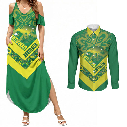 Australia Wheelaroos Rugby Custom Couples Matching Summer Maxi Dress and Long Sleeve Button Shirt Go Aussie Kangaroo Indigenous Art