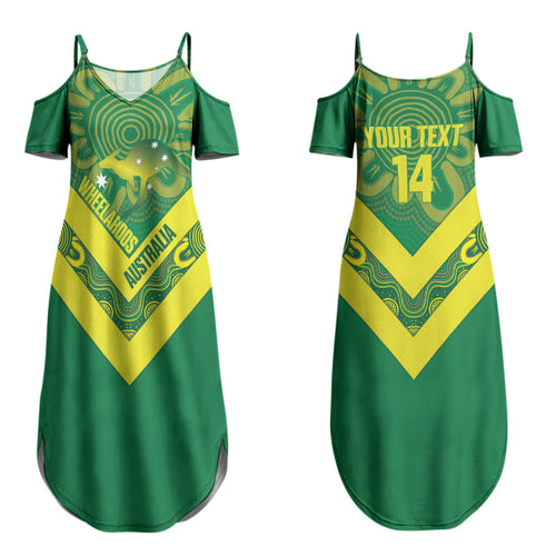 Australia Wheelaroos Rugby Custom Couples Matching Summer Maxi Dress and Long Sleeve Button Shirt Go Aussie Kangaroo Indigenous Art