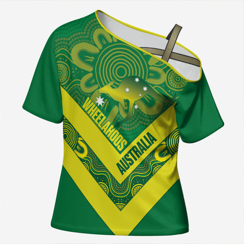 Australia Wheelaroos Rugby Custom Cross Shoulder Shirt Go Aussie Kangaroo Indigenous Art