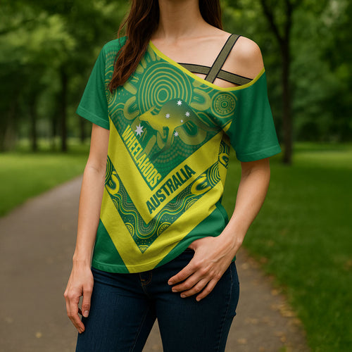 Australia Wheelaroos Rugby Custom Cross Shoulder Shirt Go Aussie Kangaroo Indigenous Art