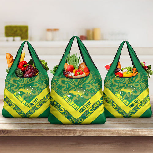 Australia Wheelaroos Rugby Custom Grocery Bag Go Aussie Kangaroo Indigenous Art