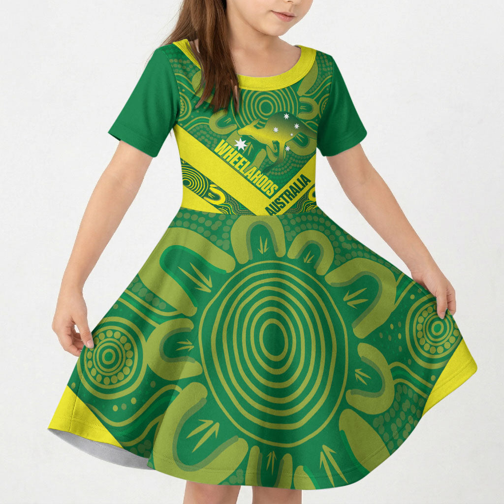 Australia Wheelaroos Rugby Custom Kid Short Sleeve Dress Go Aussie Kangaroo Indigenous Art