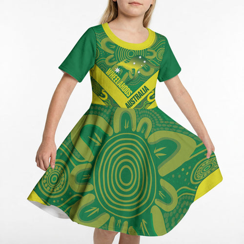 Australia Wheelaroos Rugby Custom Kid Short Sleeve Dress Go Aussie Kangaroo Indigenous Art