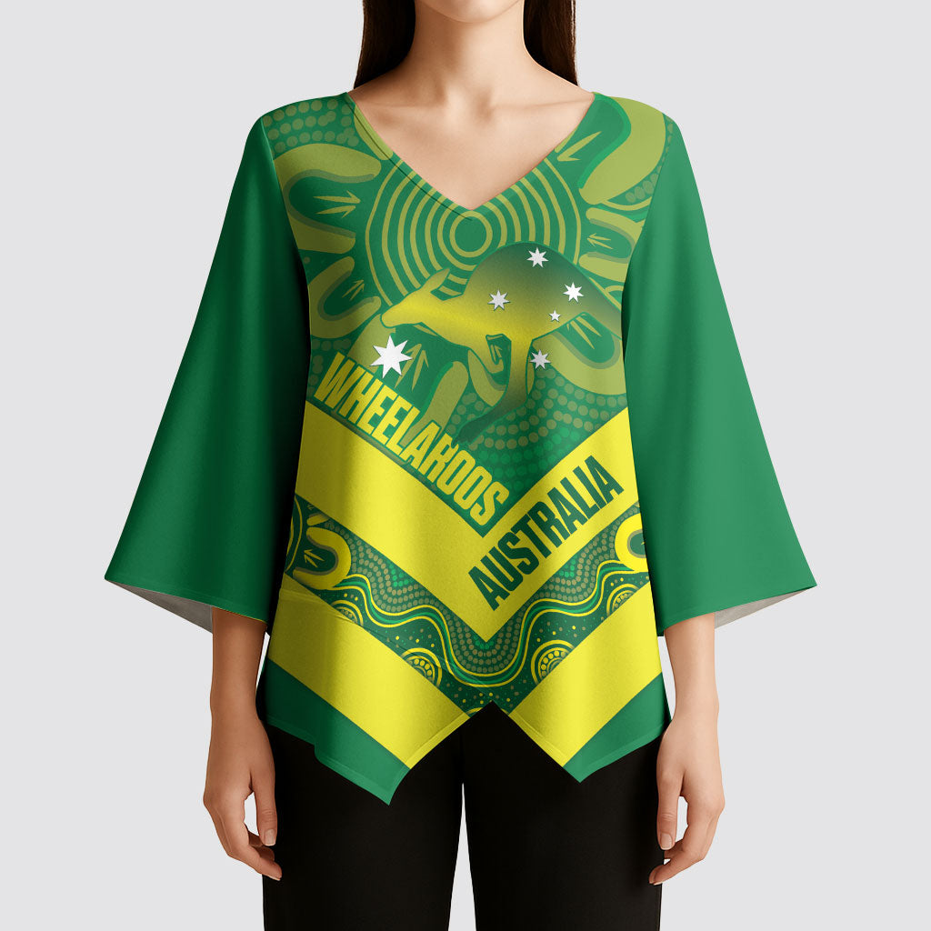 Australia Wheelaroos Rugby Custom Kimono Sleeve Blouse Go Aussie Kangaroo Indigenous Art