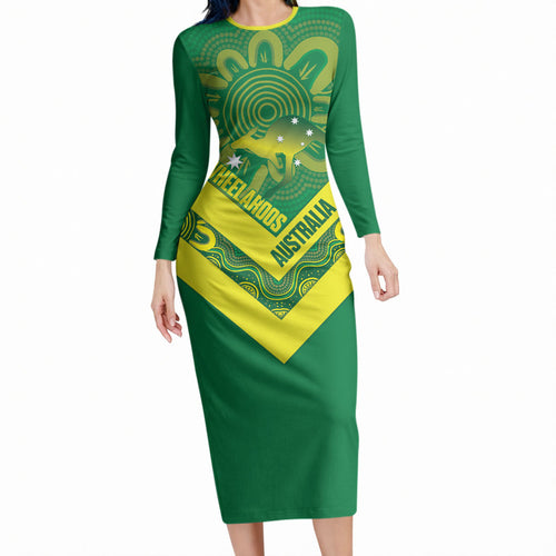 Australia Wheelaroos Rugby Custom Long Sleeve Bodycon Dress Go Aussie Kangaroo Indigenous Art