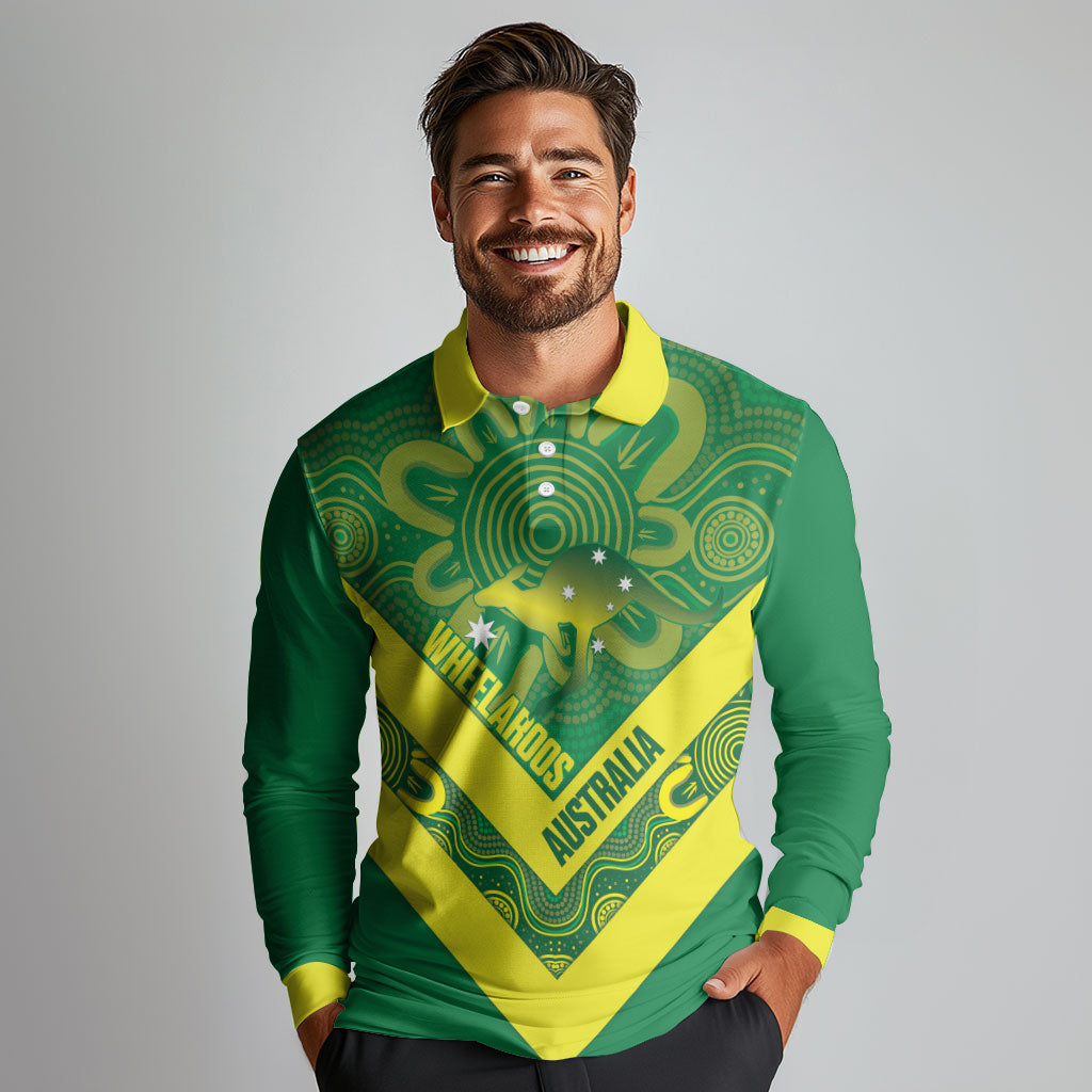 Australia Wheelaroos Rugby Custom Long Sleeve Polo Shirt Go Aussie Kangaroo Indigenous Art