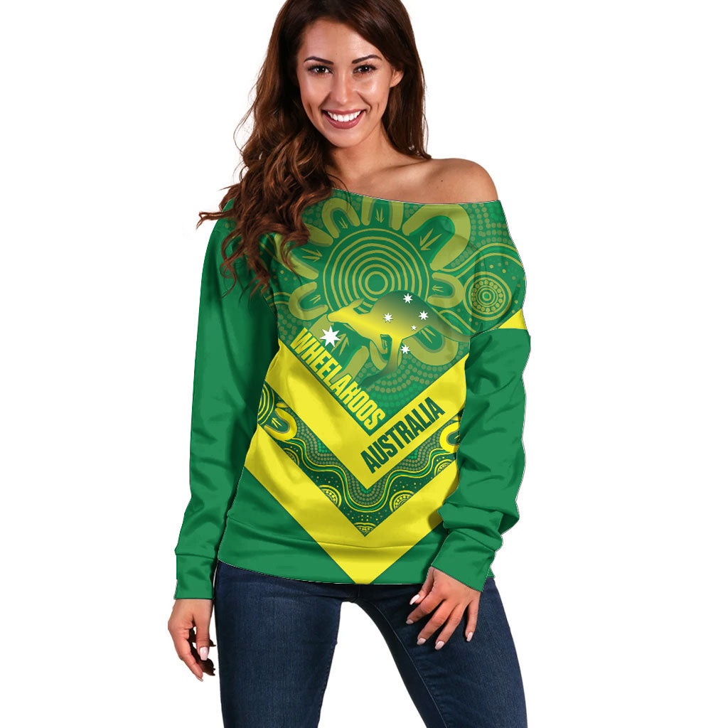 Australia Wheelaroos Rugby Custom Off Shoulder Sweater Go Aussie Kangaroo Indigenous Art
