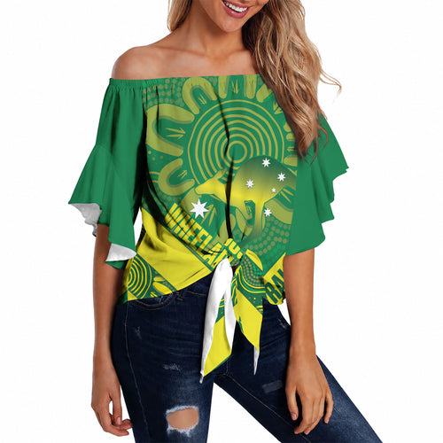 Australia Wheelaroos Rugby Custom Off Shoulder Wrap Waist Top Go Aussie Kangaroo Indigenous Art