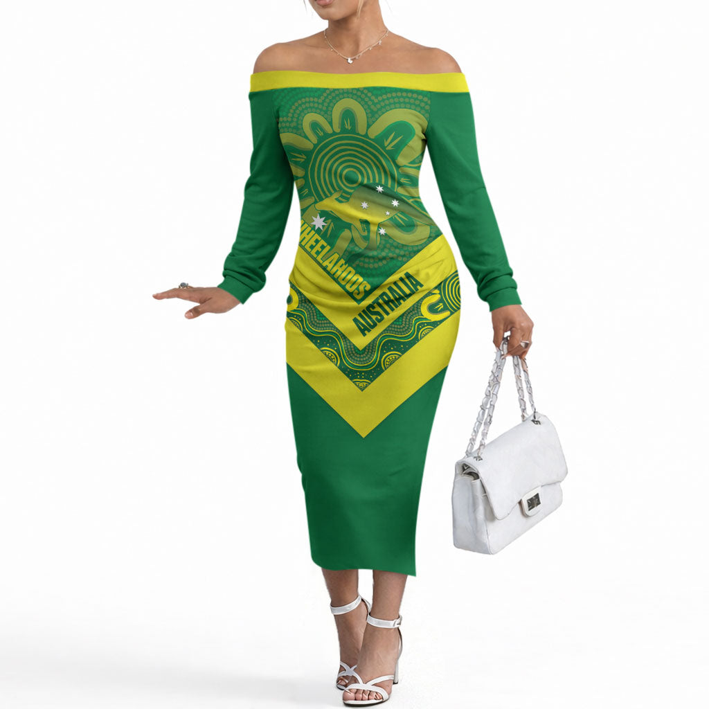 Australia Wheelaroos Rugby Custom Off The Shoulder Long Sleeve Dress Go Aussie Kangaroo Indigenous Art