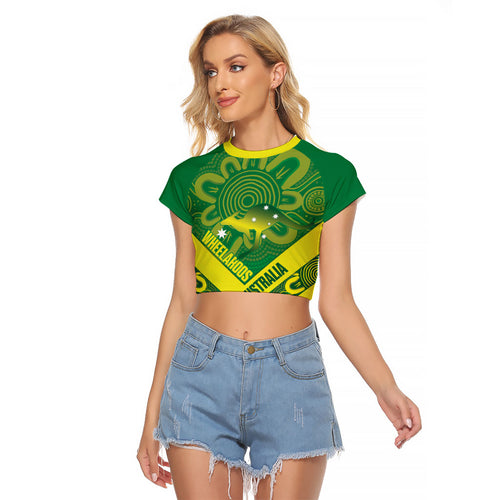 Australia Wheelaroos Rugby Custom Raglan Cropped T Shirt Go Aussie Kangaroo Indigenous Art