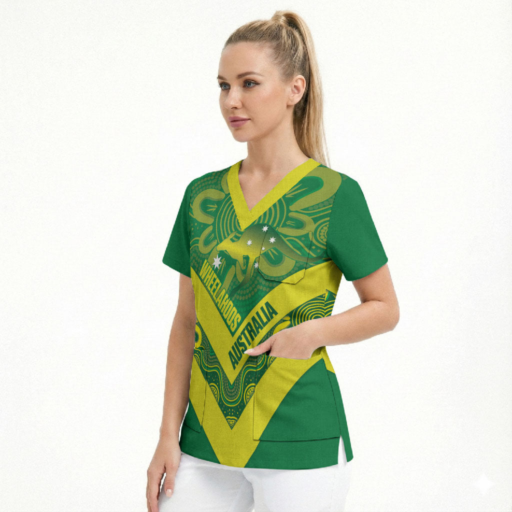 Australia Wheelaroos Rugby Custom Scrub Top Go Aussie Kangaroo Indigenous Art