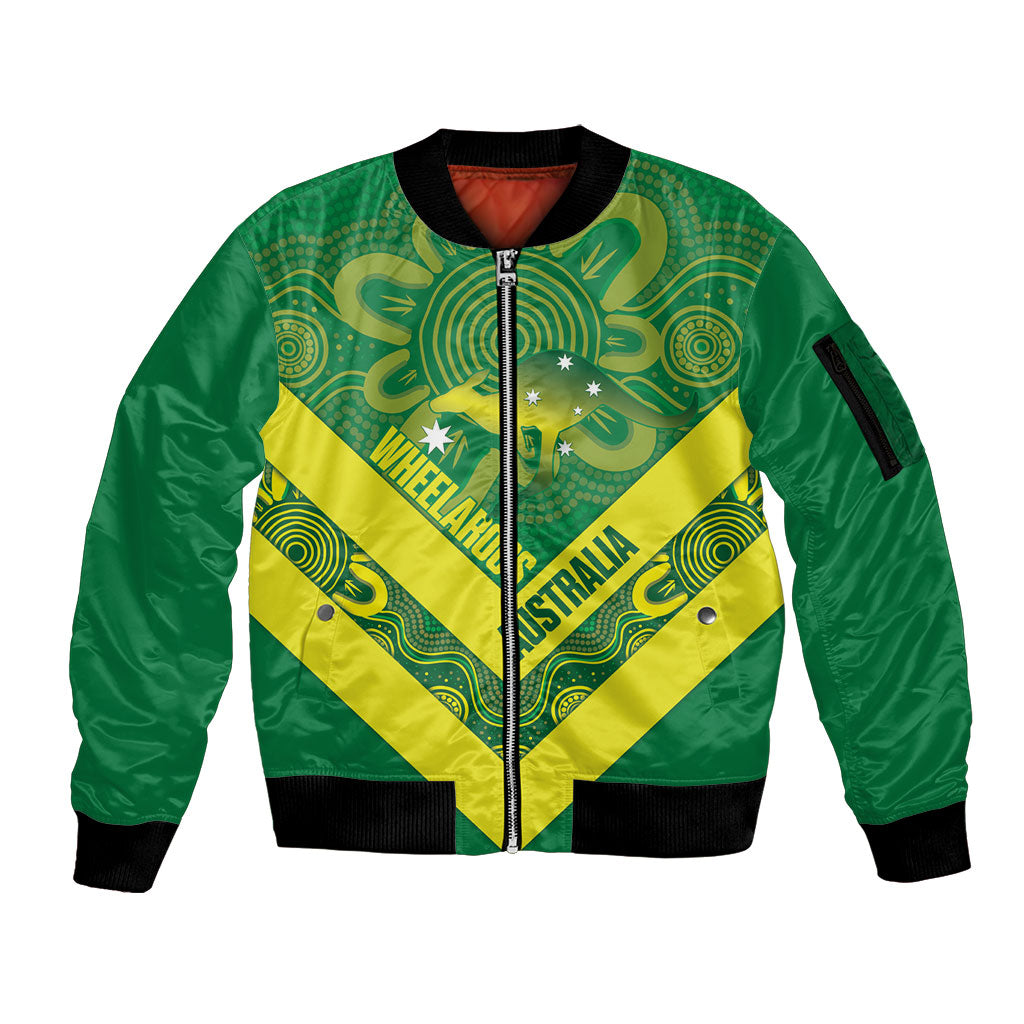 Australia Wheelaroos Rugby Custom Sleeve Zip Bomber Jacket Go Aussie Kangaroo Indigenous Art