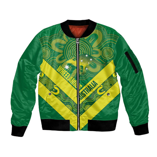 Australia Wheelaroos Rugby Custom Sleeve Zip Bomber Jacket Go Aussie Kangaroo Indigenous Art