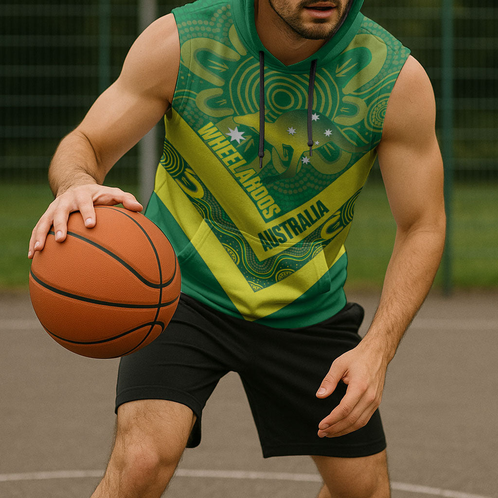 Australia Wheelaroos Rugby Custom Sleeveless Hoodie Go Aussie Kangaroo Indigenous Art