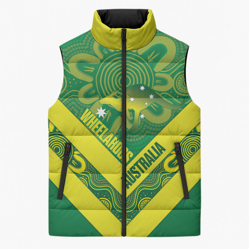 Australia Wheelaroos Rugby Custom Sleeveless Puffer Jacket Go Aussie Kangaroo Indigenous Art