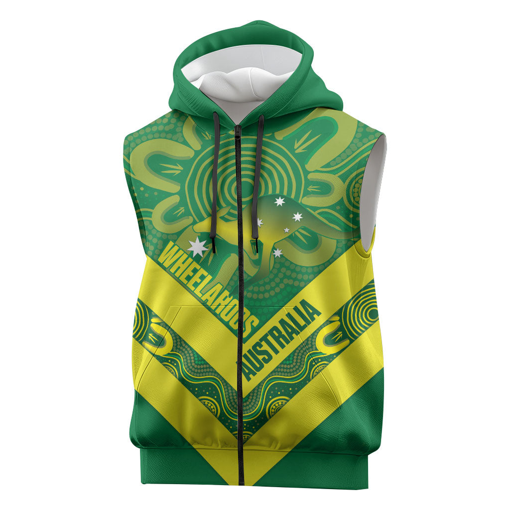 Australia Wheelaroos Rugby Custom Sleeveless Zip Hoodie Go Aussie Kangaroo Indigenous Art