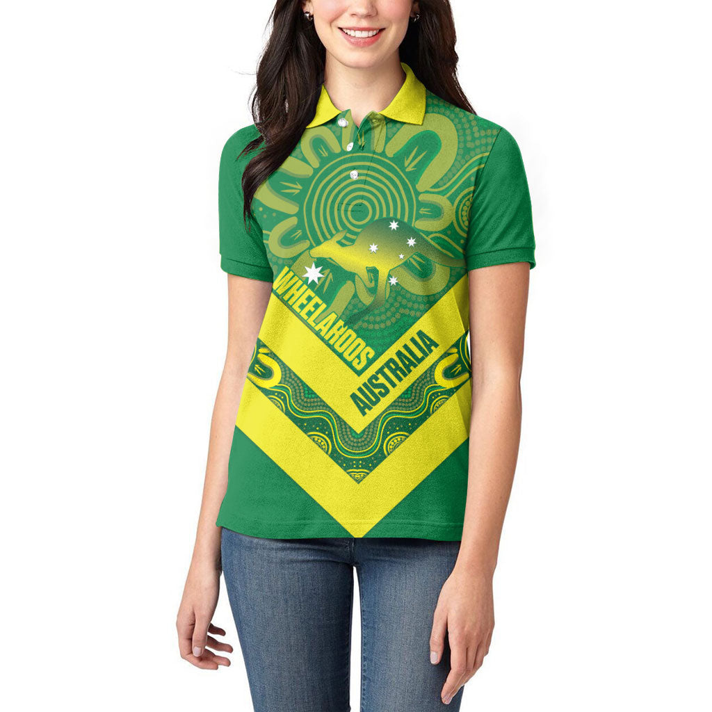 Australia Wheelaroos Rugby Custom Women Polo Shirt Go Aussie Kangaroo Indigenous Art