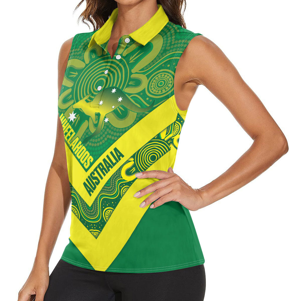 Australia Wheelaroos Rugby Custom Women Sleeveless Polo Shirt Go Aussie Kangaroo Indigenous Art