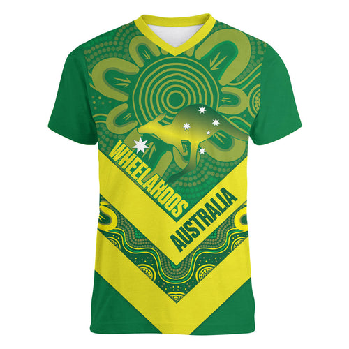 Australia Wheelaroos Rugby Custom Women V-Neck T-Shirt Go Aussie Kangaroo Indigenous Art