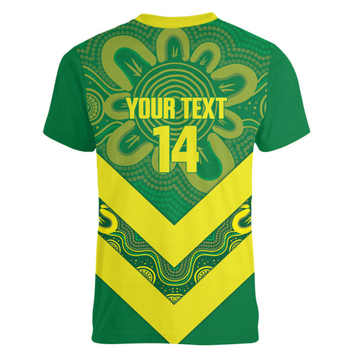 Australia Wheelaroos Rugby Custom Women V-Neck T-Shirt Go Aussie Kangaroo Indigenous Art