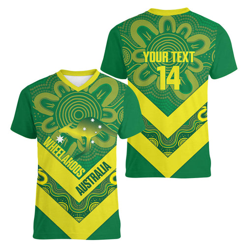 Australia Wheelaroos Rugby Custom Women V-Neck T-Shirt Go Aussie Kangaroo Indigenous Art