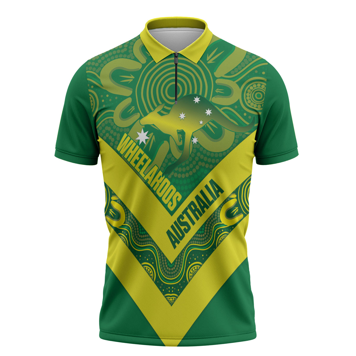 Australia Wheelaroos Rugby Custom Zipper Polo Shirt Go Aussie Kangaroo Indigenous Art