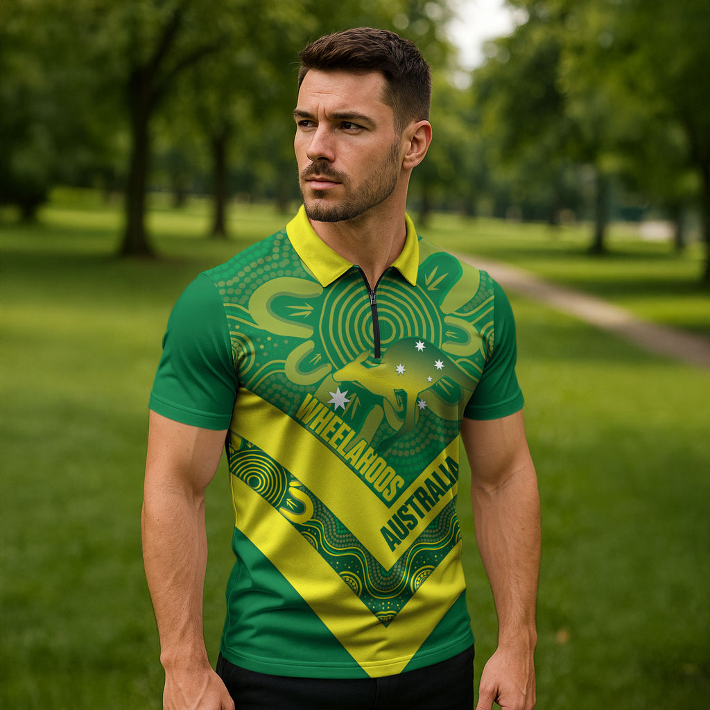 Australia Wheelaroos Rugby Custom Zipper Polo Shirt Go Aussie Kangaroo Indigenous Art