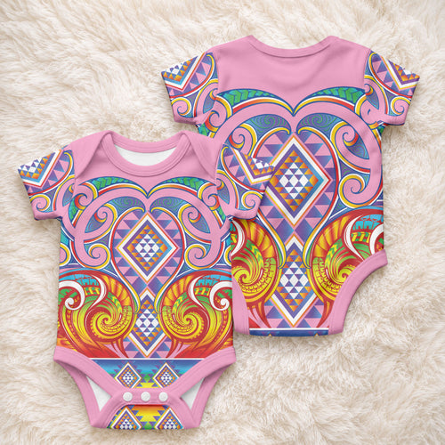Rainbow Ngaru Taniko With Aotearoa Maori Tattoo Baby Onesie