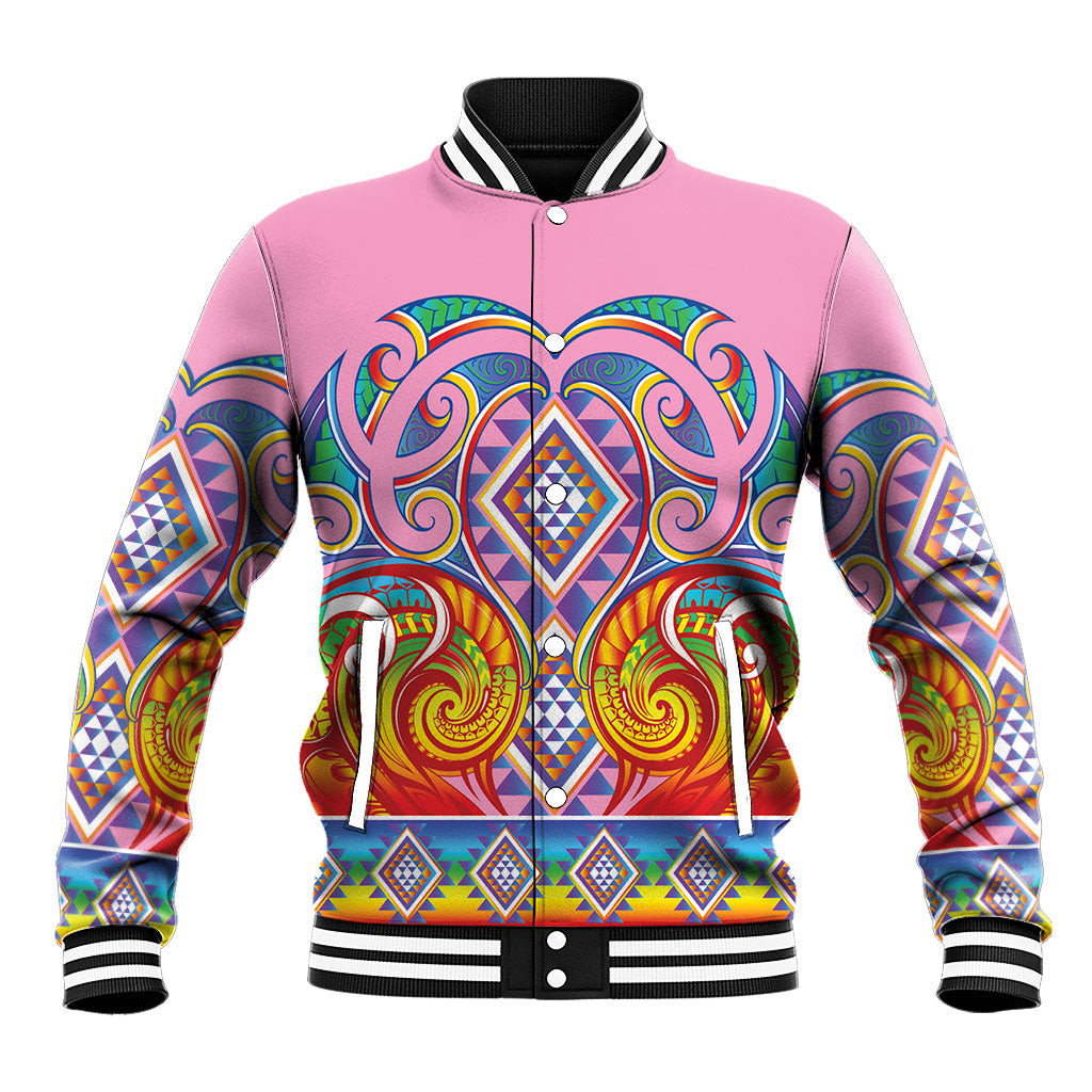 Rainbow Ngaru Taniko With Aotearoa Maori Tattoo Baseball Jacket