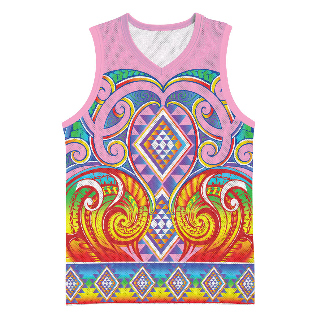 Rainbow Ngaru Taniko With Aotearoa Maori Tattoo Basketball Jersey