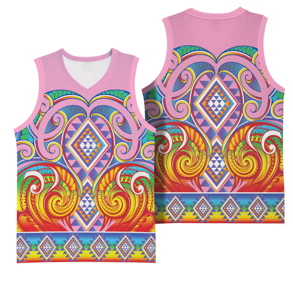 Rainbow Ngaru Taniko With Aotearoa Maori Tattoo Basketball Jersey