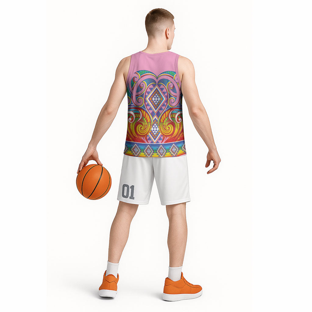 Rainbow Ngaru Taniko With Aotearoa Maori Tattoo Basketball Jersey