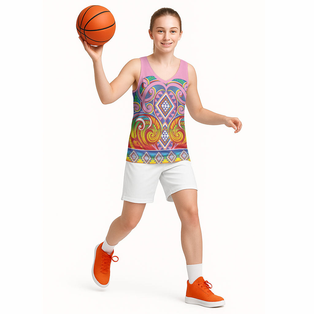 Rainbow Ngaru Taniko With Aotearoa Maori Tattoo Basketball Jersey