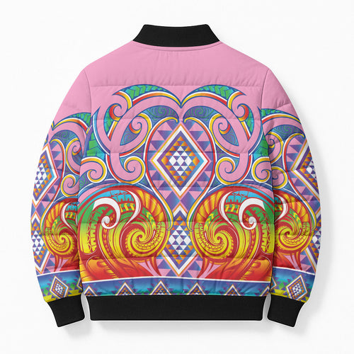 Rainbow Ngaru Taniko With Aotearoa Maori Tattoo Bomber Puffer Jacket