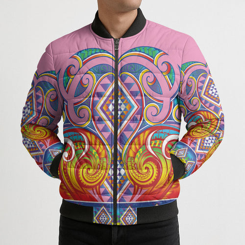 Rainbow Ngaru Taniko With Aotearoa Maori Tattoo Bomber Puffer Jacket